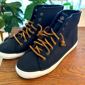 Women’s Sperry Hightop shoes, size 8 ½ black with white soles, legal strings